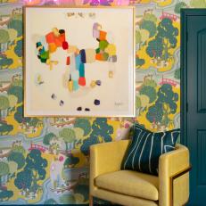 Home Office Space With Yellow and Green Chinoiserie Wallpaper and Pink Neon Sign