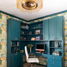 Home Office With Blue Desk and Colorful Chinoiserie Wallpaper
