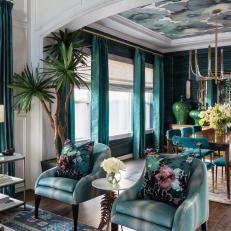 Glam Dining Room Is Bold With Blue Grasscloth Wallpaper