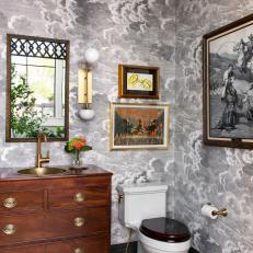 Dramatic Bathroom With Black and White Wallpaper