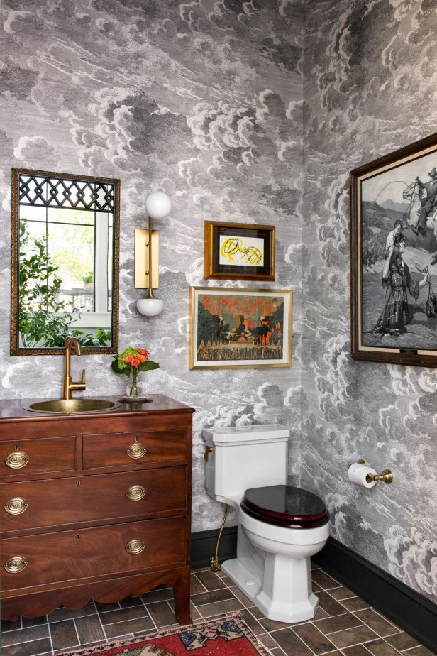 Dramatic Black and White Wallpaper in Bathroom