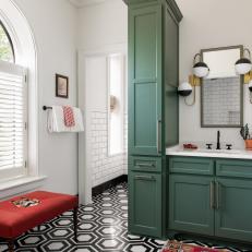 Bold Black and White Tile Floor in Bathroom
