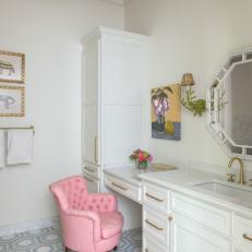 White Vanity and Patterned Tile Floor in Bathroom