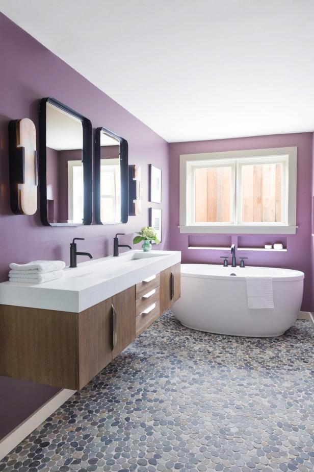 Modern Bathroom With Stone Floor and Purple Walls HGTV