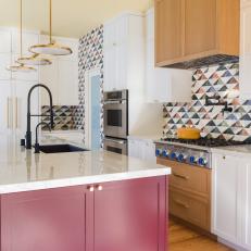 Contemporary Kitchen WIth Geometric Backsplash and Purple Island