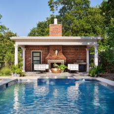 Brick Pool House With Grill and Fireplace