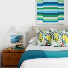 Coastal Bedroom With Different Shades of Blue and Positano-Inspired Decorations