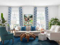 Coastal Living Room With Blue Rug and Decorations Inspired by Italian Summer 
