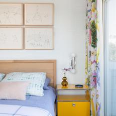 Multicolor Bedroom With Subtle Gridded Wallpaper and a Bright Yellow Side Table