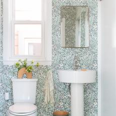 Powder Room With Refreshing Floral Wallpaper and Green Tile Floor