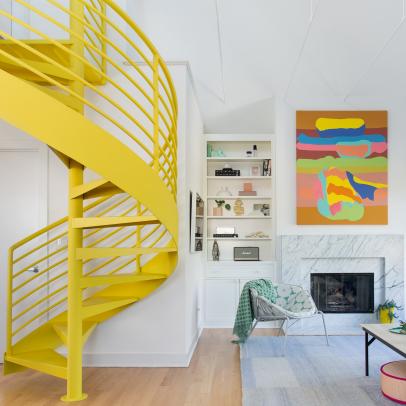 Modern, Colorful Living Room With Bright Yellow Spiral Staircase