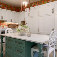 Eclectic Laundry Room With Orange Wallpaper