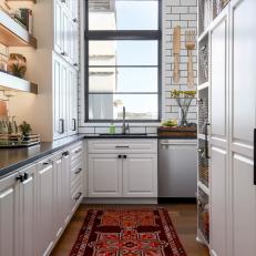 Black and White Kitchen With Red Runner