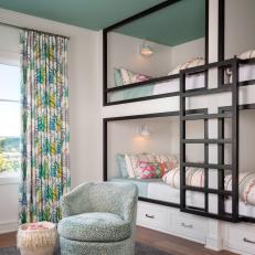 Blue Transitional Kids Room With Tropical Curtains