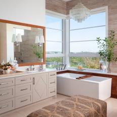 Brown Spa Bathroom With Upholstered Bench
