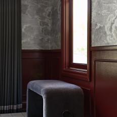 Dining Room With Velvet Window Seat and Cloud Print Wallpaper