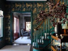 Green and Gold Entryway With Gilded Tiger Wallpaper
