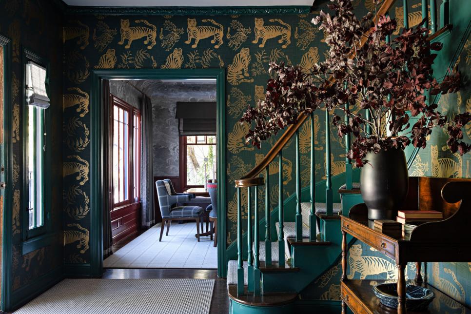 Green and Gold Entryway With Gilded Tiger Print Wallpaper