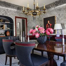 Gray Dining Room With Cloud Print Wallpaper and Formal Table