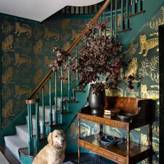 Green and Gold Foyer With Tiger Print Wallpaper