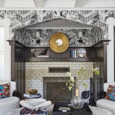 Transitional Living Room Fireplace With Black and White Wallpaper