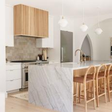 Contemporary Eat In Kitchen With Waterfall Edge Island