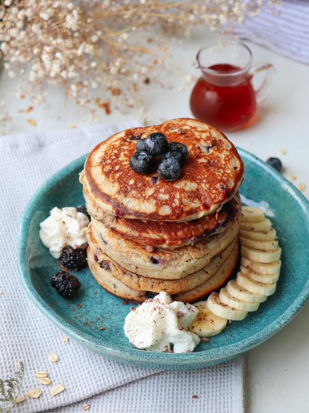 Vegan Banana and Blueberry Pancakes Vertical