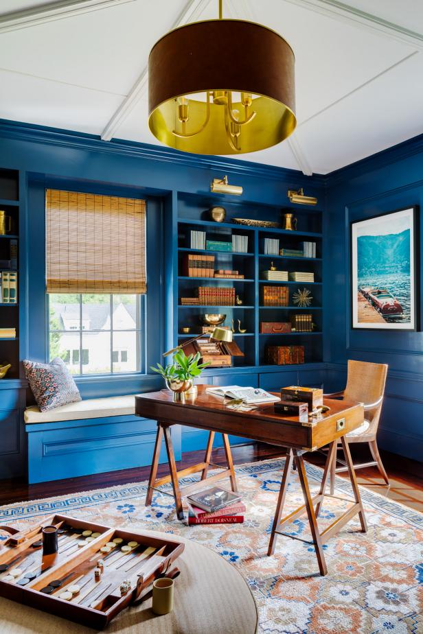 Bold Blue Home Office With Leather Pendant | HGTV