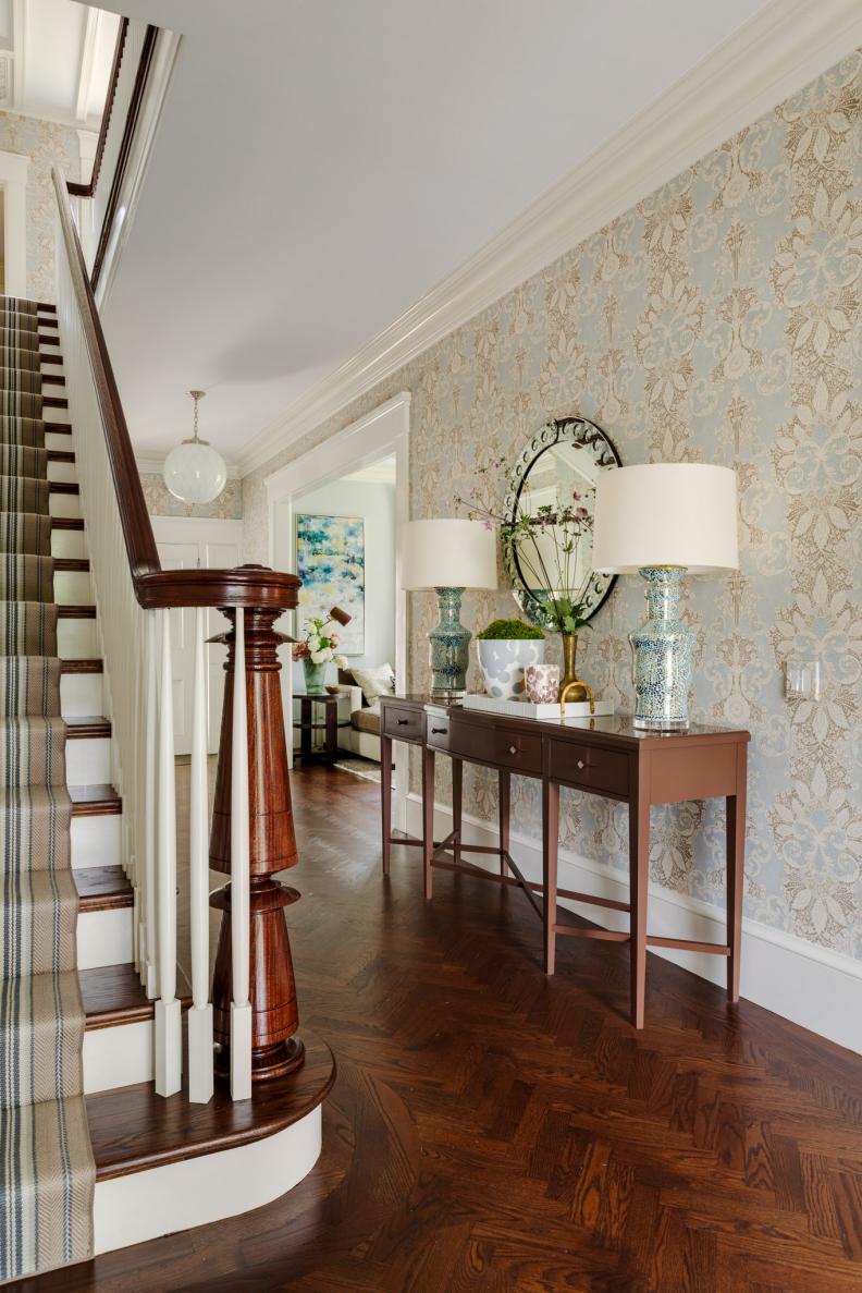Floral Wallpaper in Traditional Entry, Grand Staircase With Wood Rail