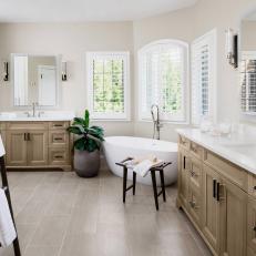 Matching Vanities in Contemporary Bath with Tub