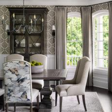 Contemporary Dining Room With Geometric Wallpaper