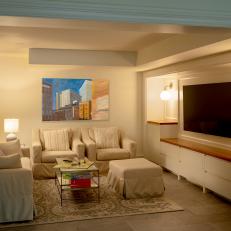 White Transitional Home Theater With City Art