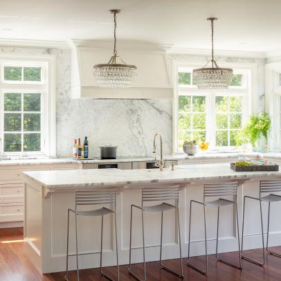 White Transitional Kitchen With Metal Stools