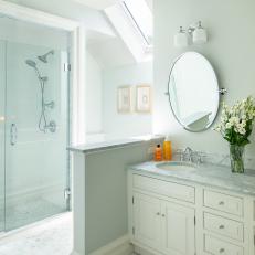 White Transitional Bathroom With Skylight