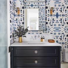 Contemporary Blue and White Wallpapered Bath