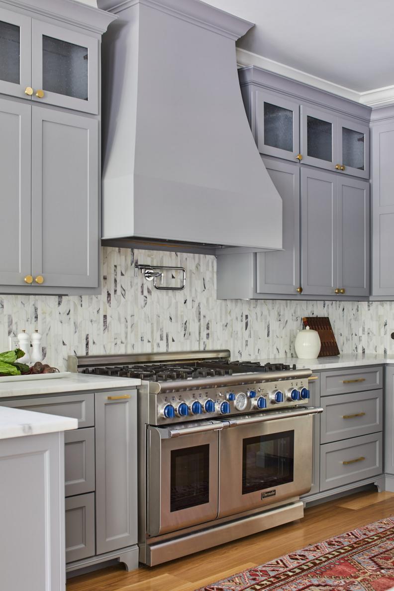 Range Hood, Vertical Tile Backsplash in Kitchen, Professional Range