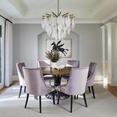 Contemporary Gray Dining Room With Purple Chairs