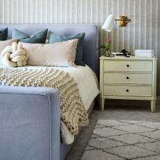 Transitional Blue Bedroom With Textured Wallpaper