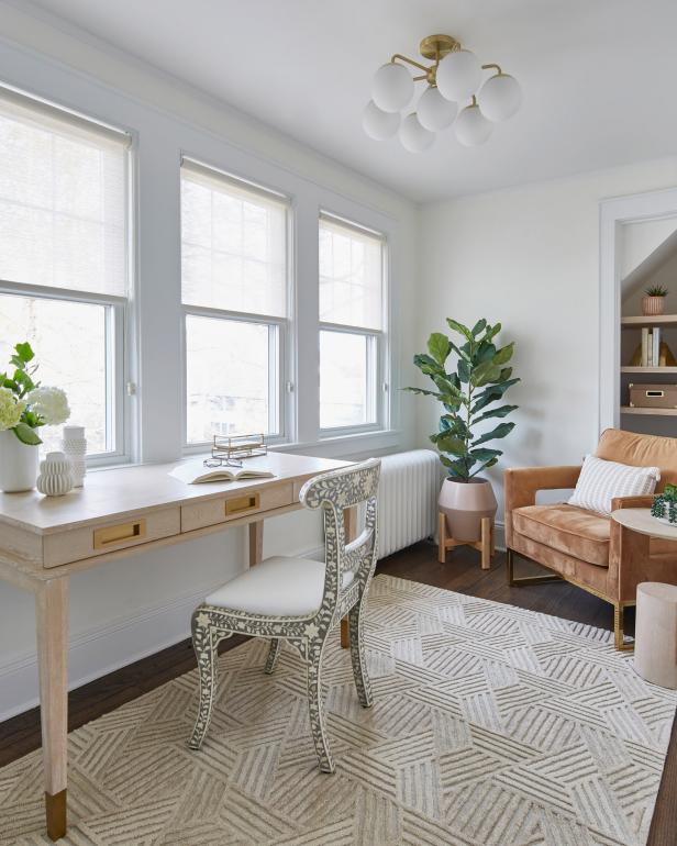 Neutral Transitional Home Office With Floral Chair | HGTV