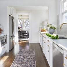 White Transitional Kitchen With White Flowers