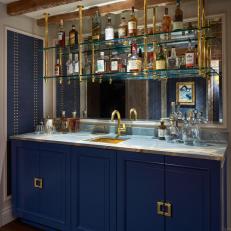 Blue Transitional Bar With Rustic Beams