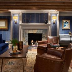 Blue Transitional Sitting Room With Reclaimed Beams