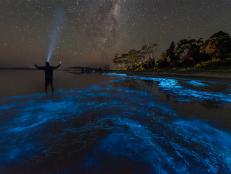 A man taking a selfie under the Milky Way and standing in blue bioluminescence in the water.