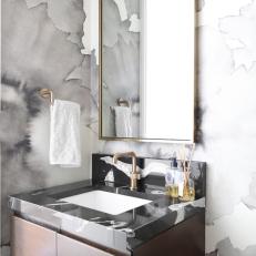 Modern Half Bath With Black and White Wallpaper