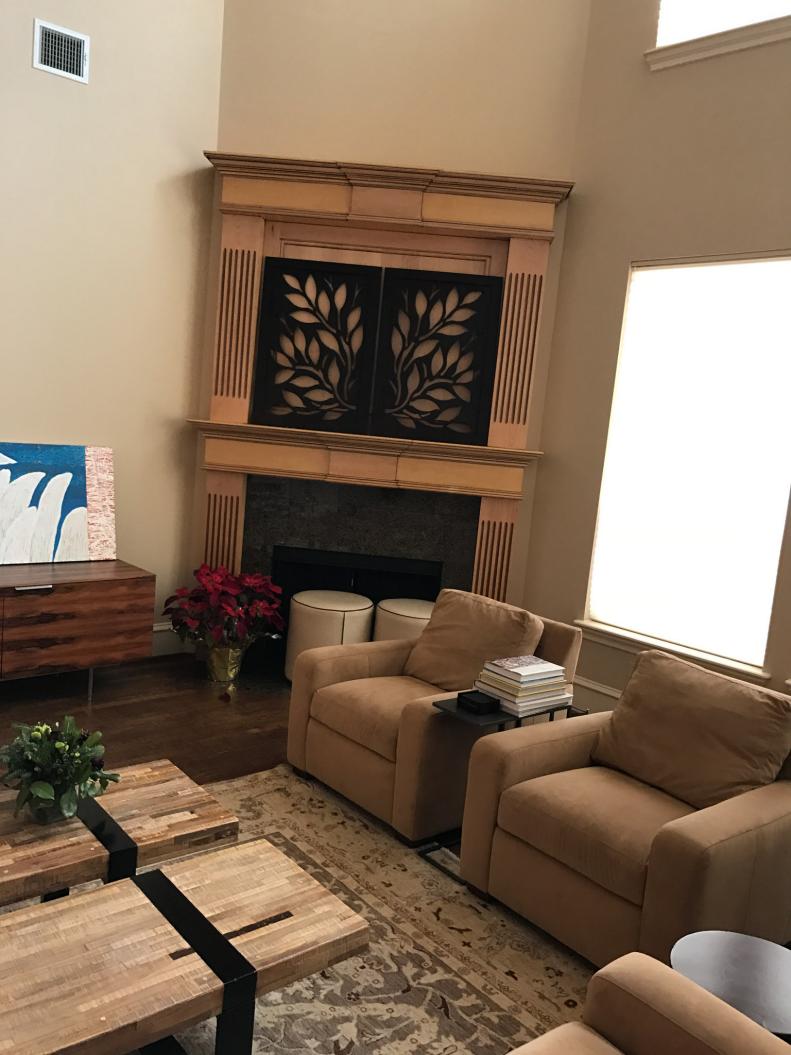 Wood Surround on Dated Fireplace in Neutral Living Room