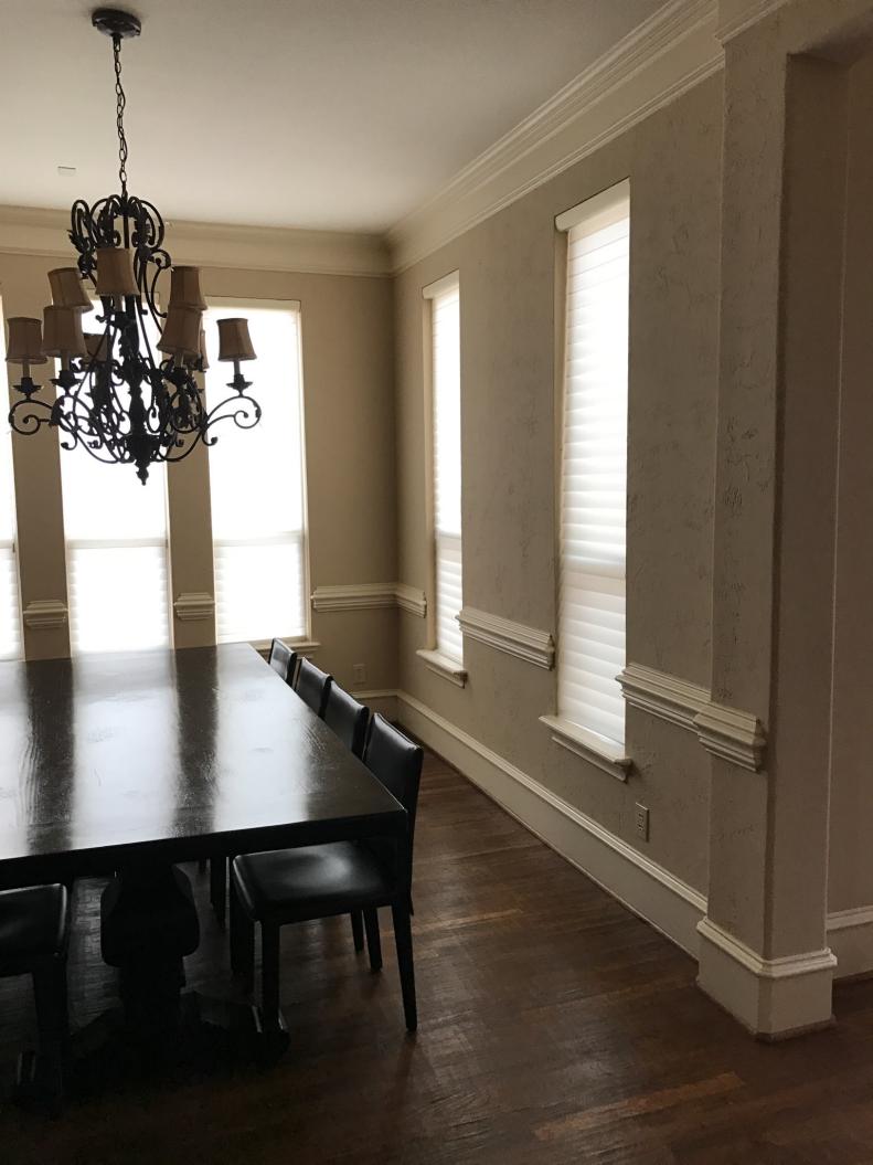 Dated Dining Room With Neutral Walls, Dark Dining Table, Chairs