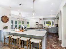 Marble Topped Kitchen Island, Four Modern Barstools, Globed Pendants