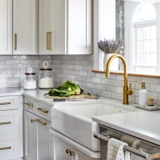 White Contemporary Kitchen With Farmhouse Sink