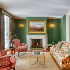 Historic, Traditional Green and Red Farmhouse Living Room