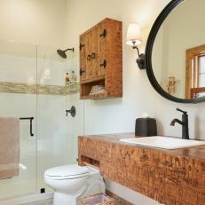 Rustic, Contemporary White Bathroom With Sleek Wood Vanity